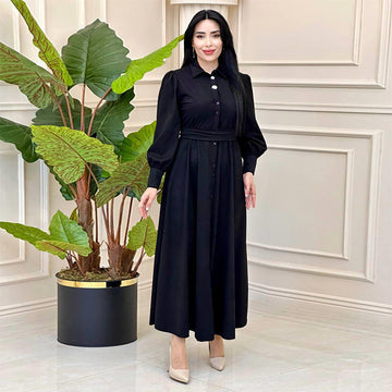 2024 New Elegant Temperament Belt Belt Solid Color Collar Dress